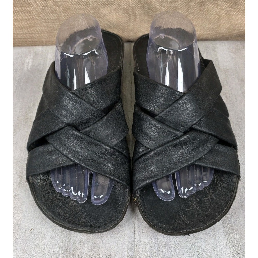 Olukai Kava Criss Cross Black Leather Slip On Slide Sandals Men's size 12 Summer